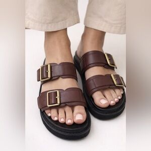 Princess Polly Brown Sandals with Gold Buckles